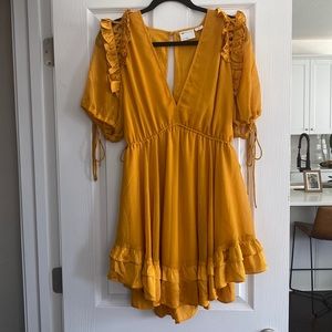 ASOS DESIGN mini dress with satin trim ruffle and tie detail, mustard yellow
